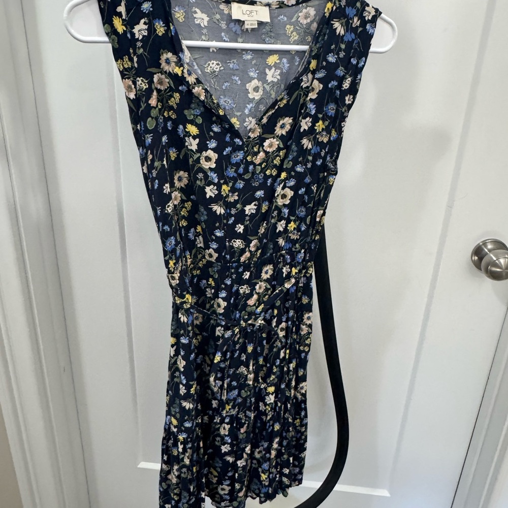 LOFT Navy Floral Sleeveless V-Neck Sundress